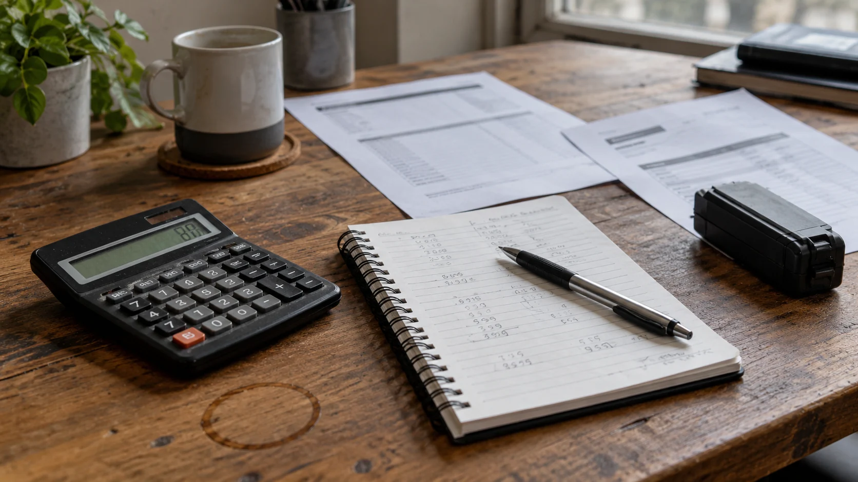 Calculator and paperwork used to compare a drone project budget