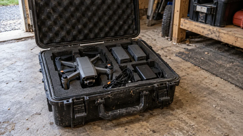 Drone equipment, batteries and charger laid out for a job