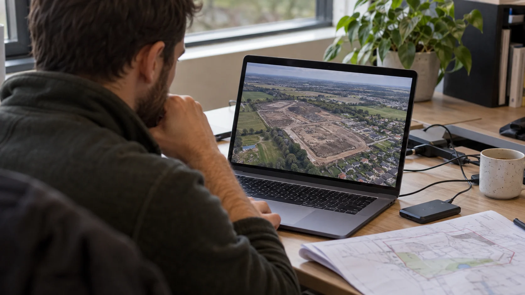 Survey analyst reviewing aerial site imagery at a desk