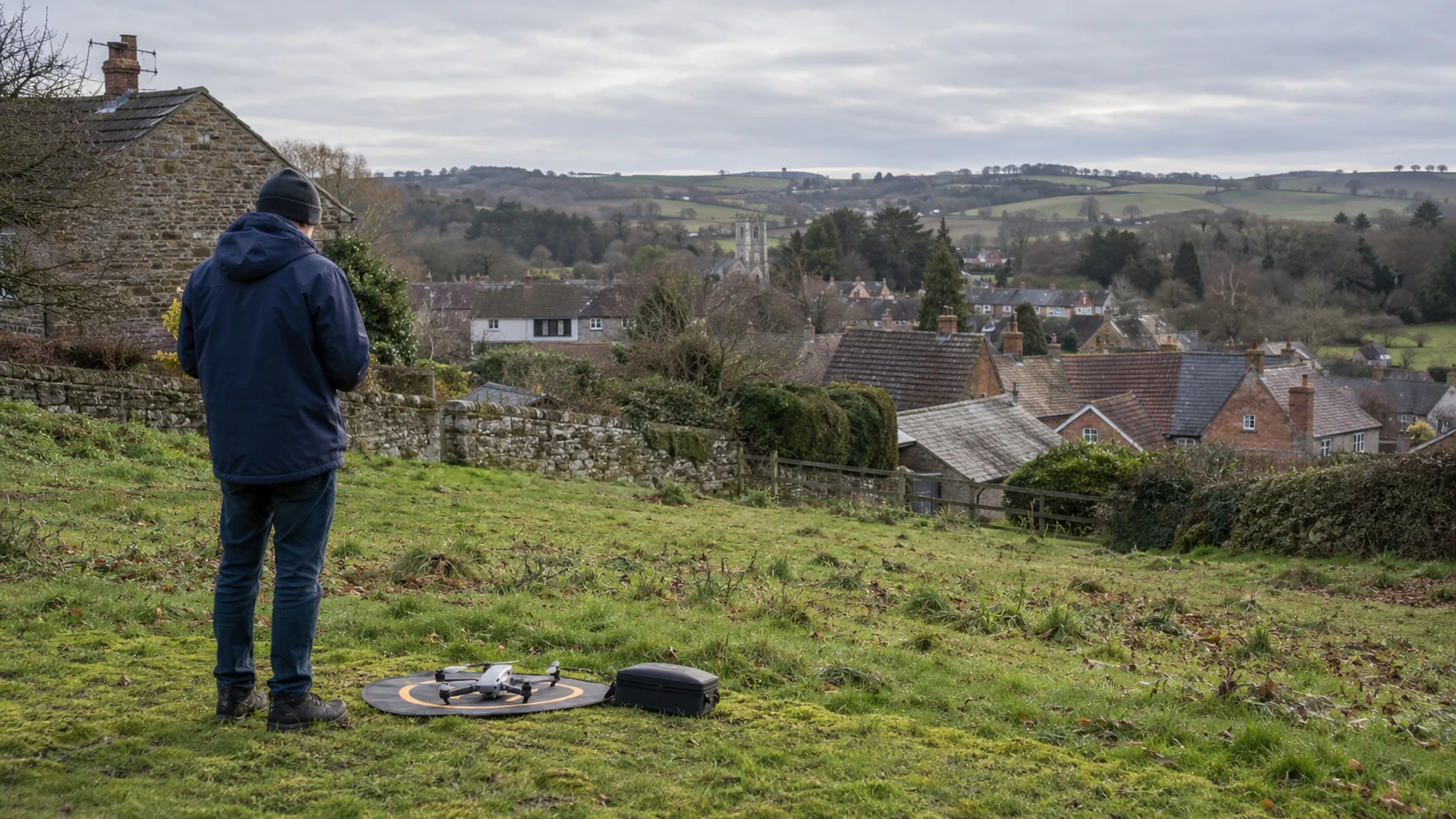 Drone operator preparing equipment beside a village property