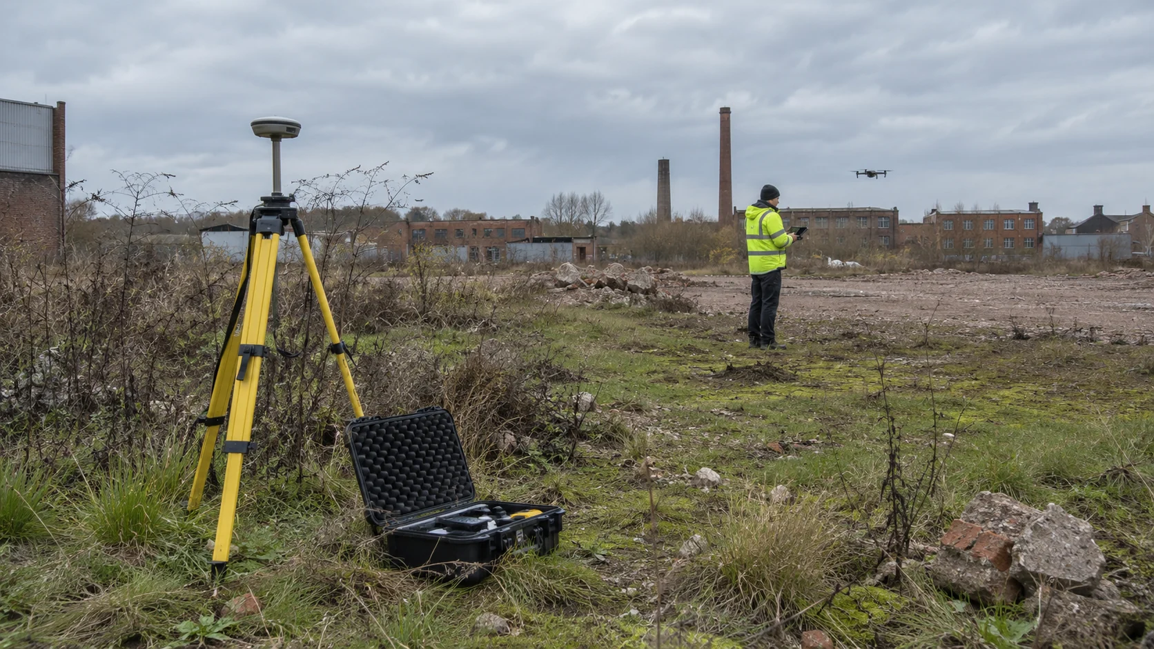 Survey control equipment beside a brownfield site