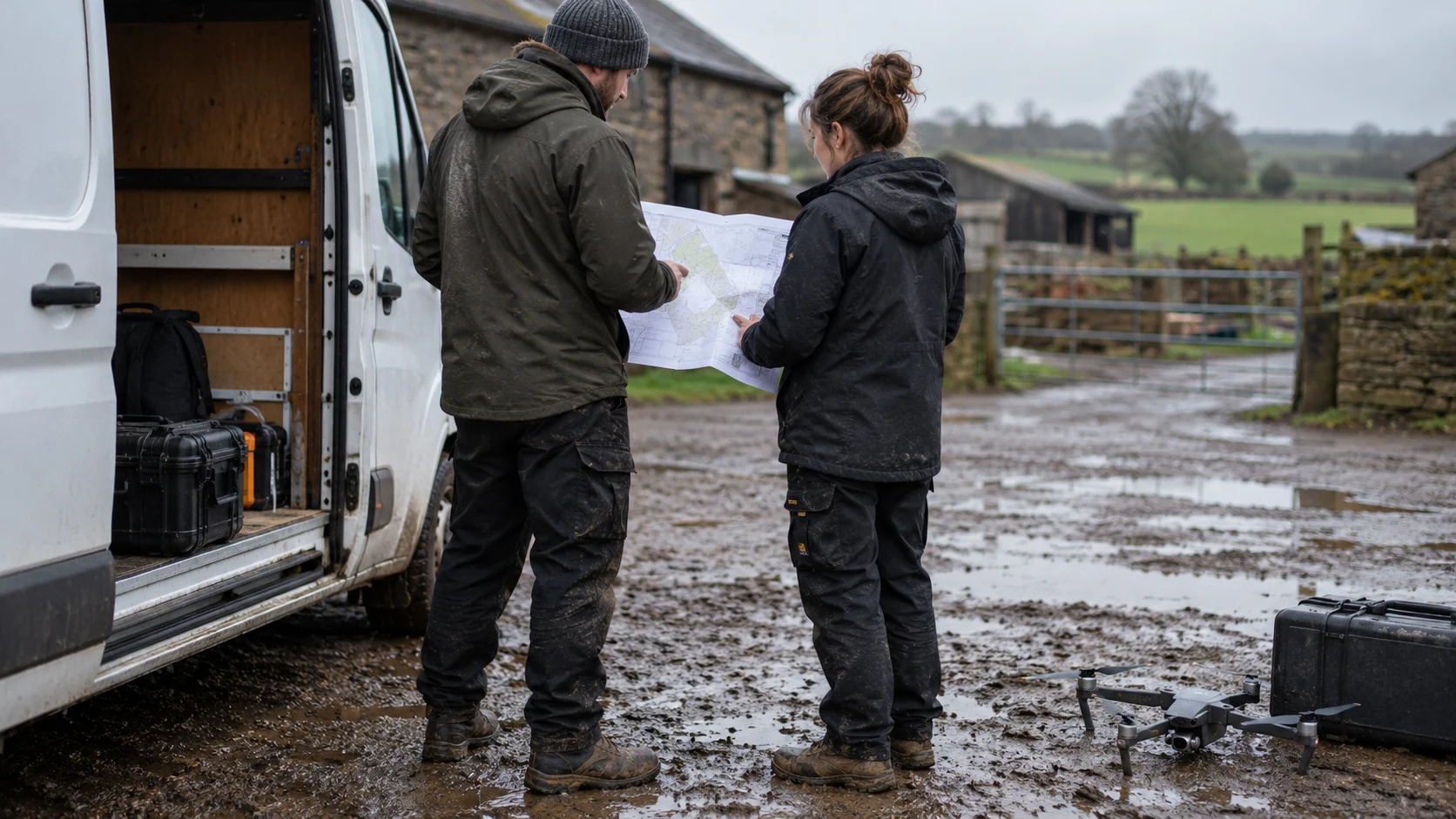 Two operators discussing a site plan beside their van