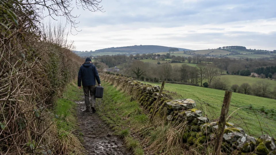 Local operator carrying equipment along a rural footpath
