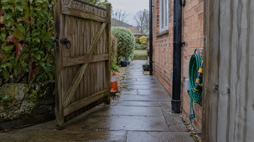 Open side gate and clear access path beside a house