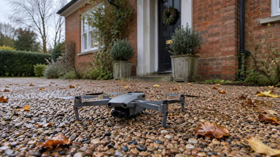 Camera drone prepared for photography on a gravel drive