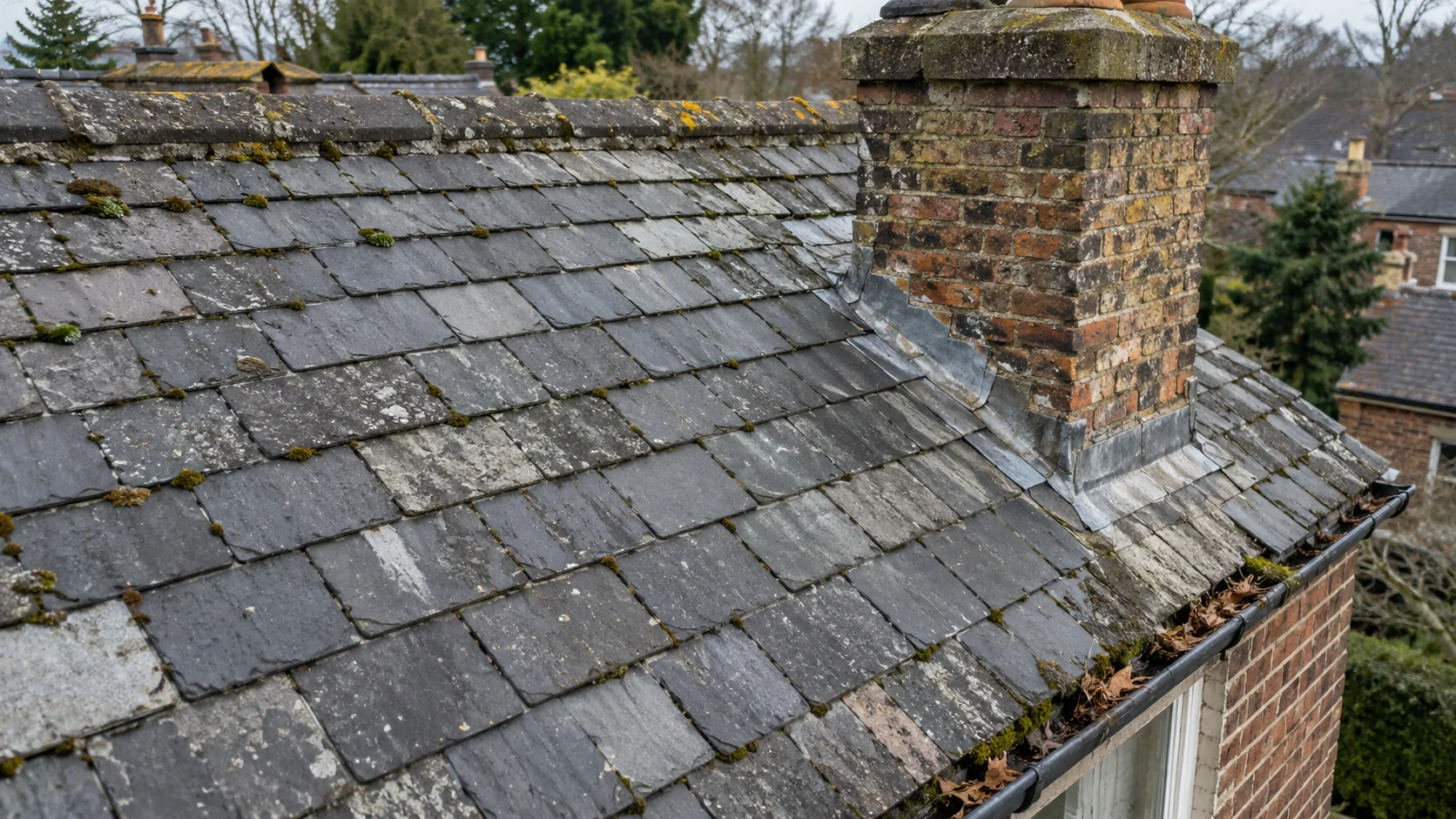 Weathered slate roof, chimney and lead flashing