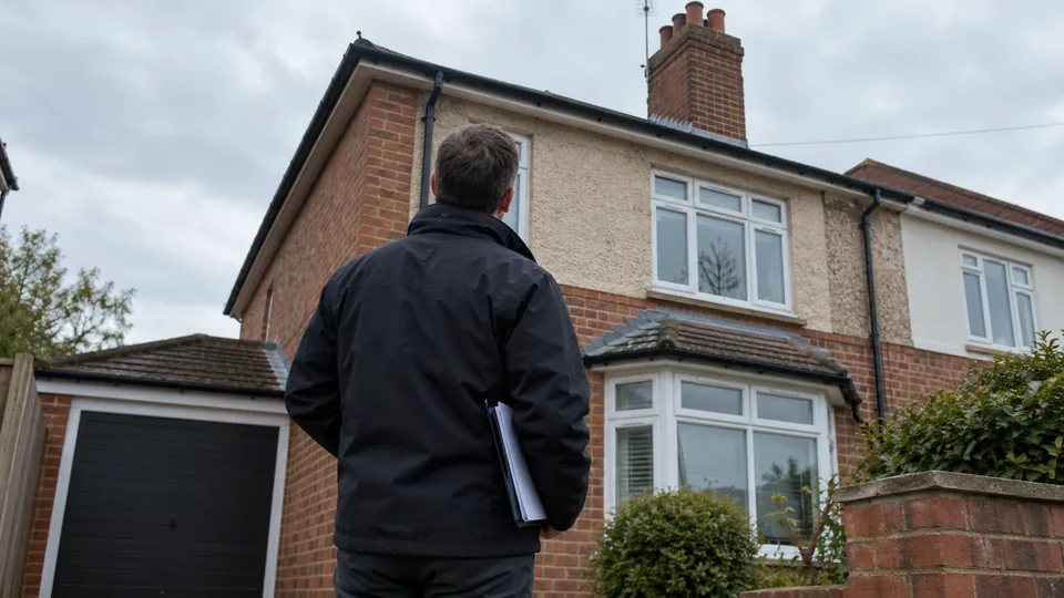 Surveyor assessing a house roof from the driveway
