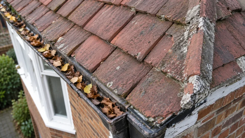 Clay roof tiles and leaves collected in a gutter