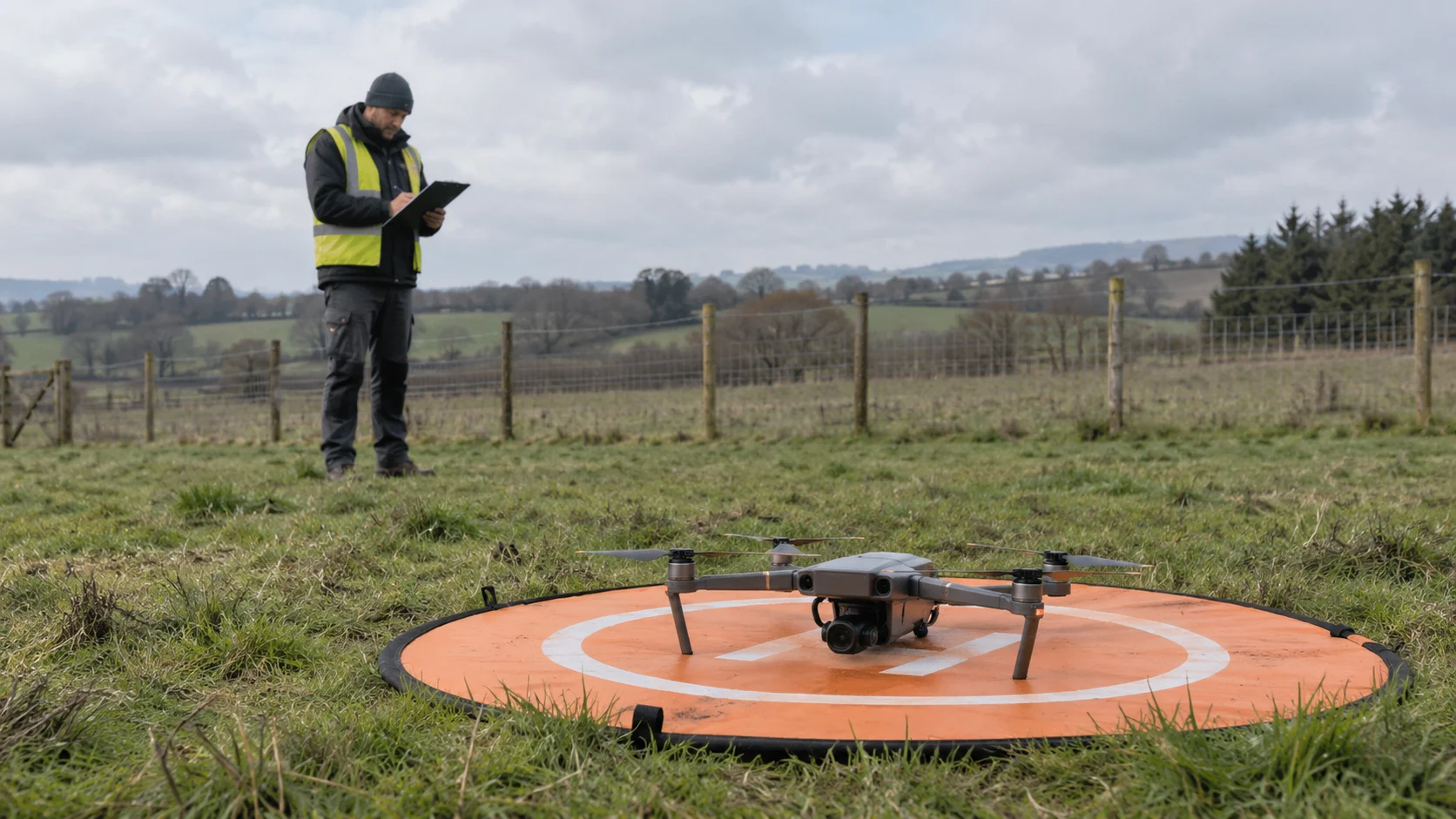 Grounded drone and pre-flight planning in a clear field