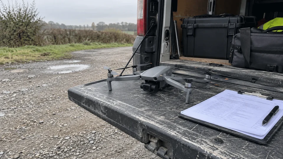 Drone and checklist ready for a pre-flight review