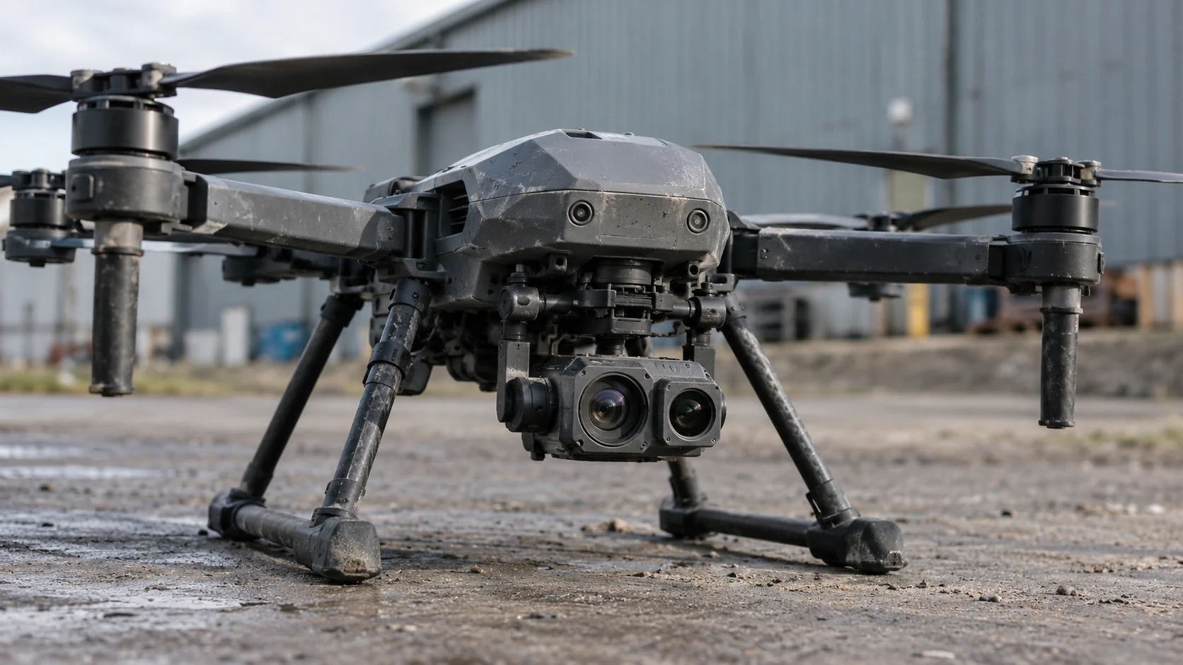 Dual-sensor camera on an inspection drone beside a warehouse
