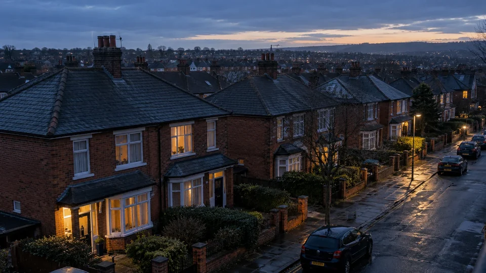 Brick homes and rooflines in cool evening light