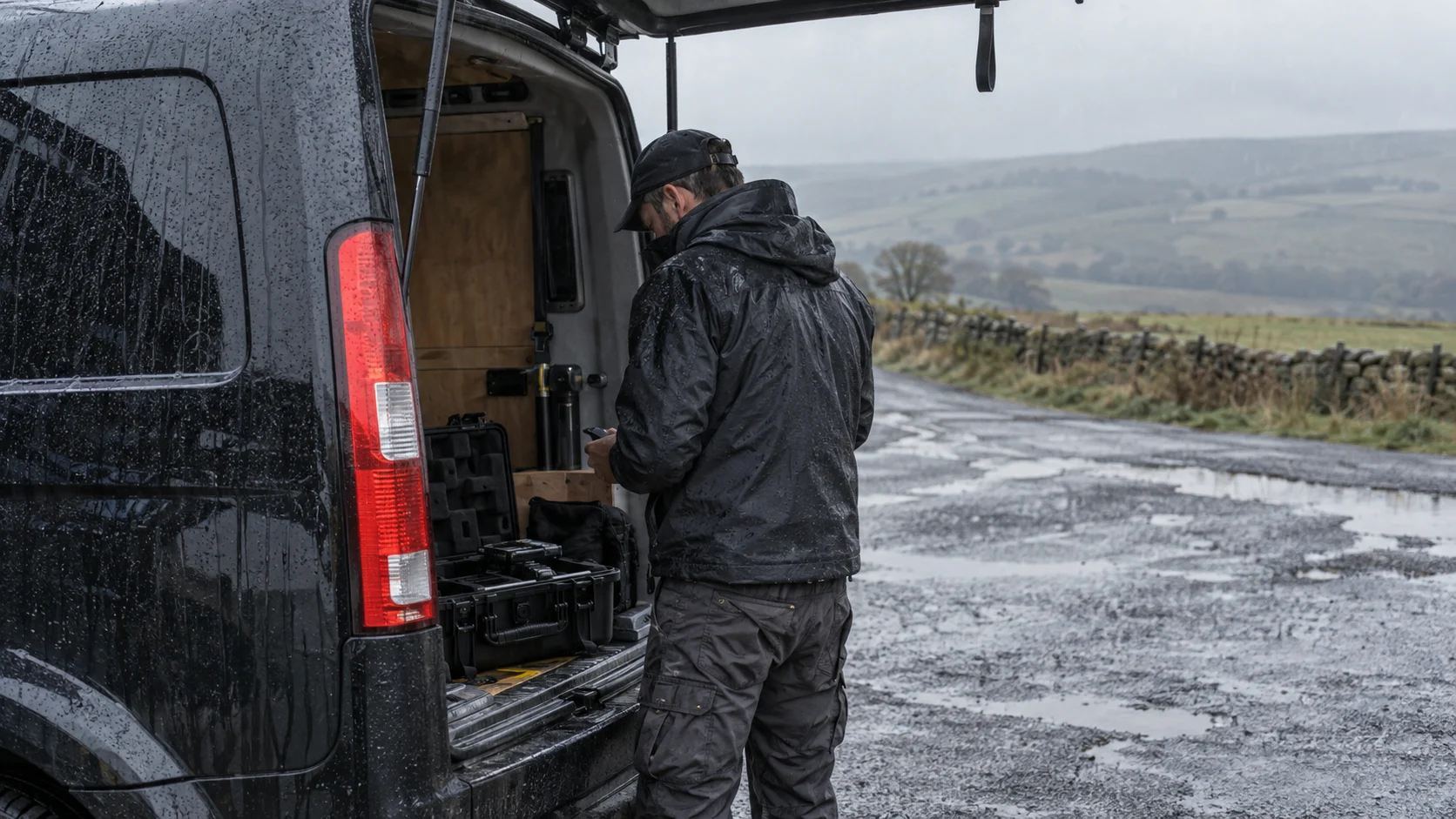 Operator waiting out rain with the drone safely packed